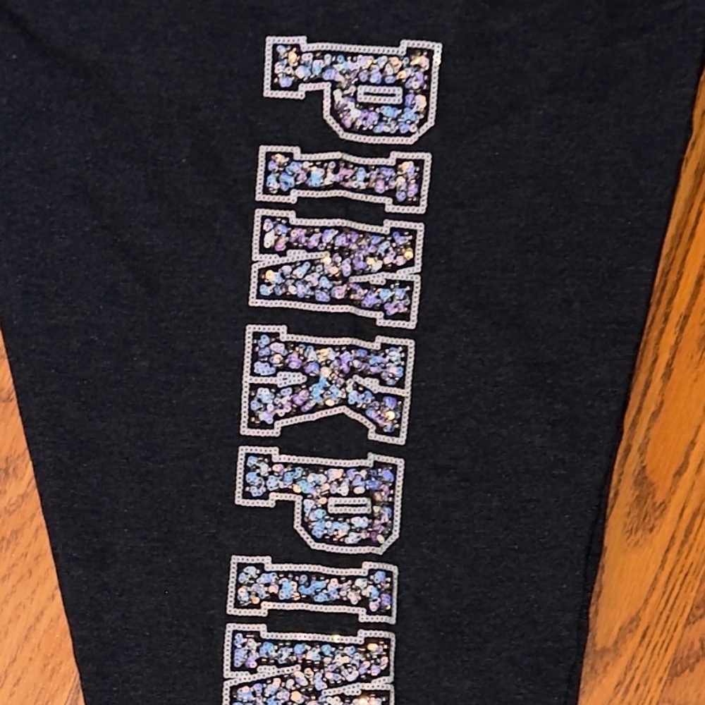 PINK Victoria’s Secret Yoga Leggings Black Sequins Logo Activewear Gym Pants L - Picture 6 of 9